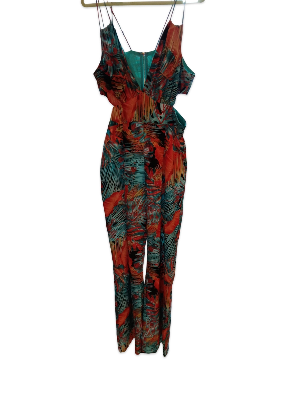 Fashion Nova Tropical Leaf Print Cutout Waist Jumpsuit in Teal & Orange